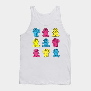 Illustration of Three Wise Monkeys in pink, blue and yellow on white background Tank Top